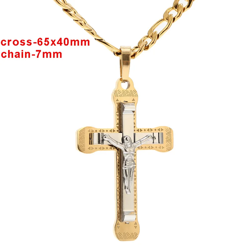 Gold tone Cross Christ Jesus Pendant Necklace Stainless Steel Figaro Chains Necklace Catholic Jesus Necklace With 24'' Chain