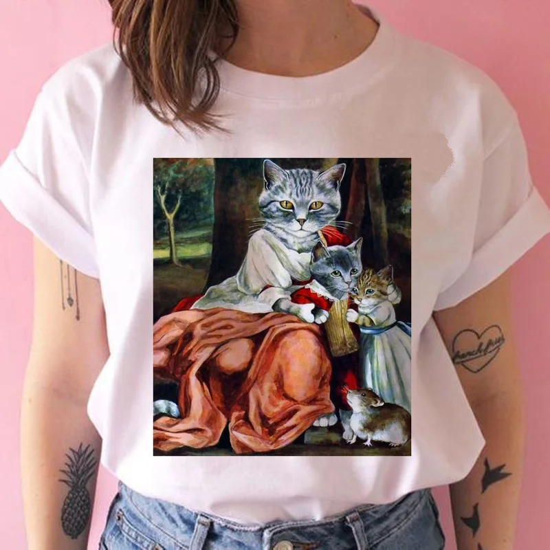 Mona lisa cat Футболка ulzzang Женская Хип-хоп забавная Футболка модная harajuku kawaii женская футболка уличная 90s Tumblr