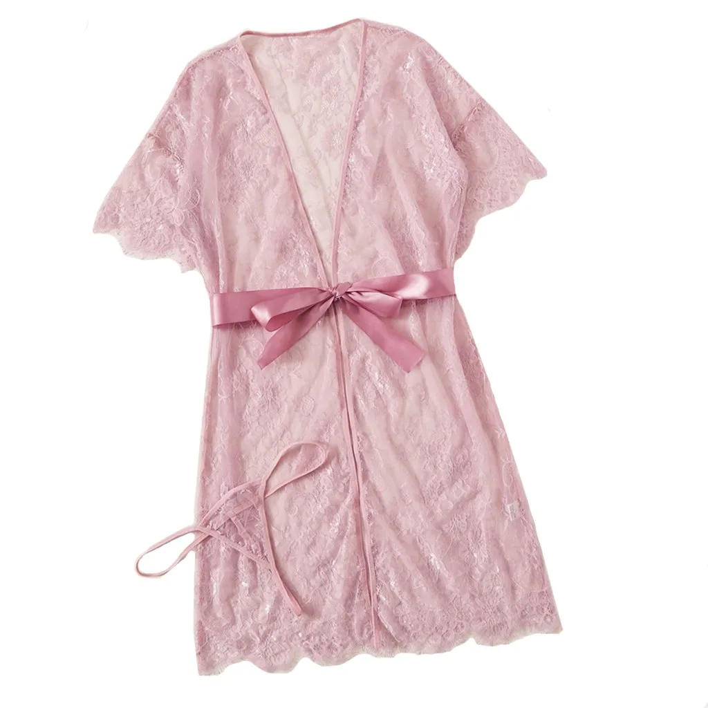 Pink Пижама женская одежда для сна Новинка женское кружевное сексуальное нижнее белье с v-образным вырезом халат пижама с поясом халат пижама - Цвет: Pink