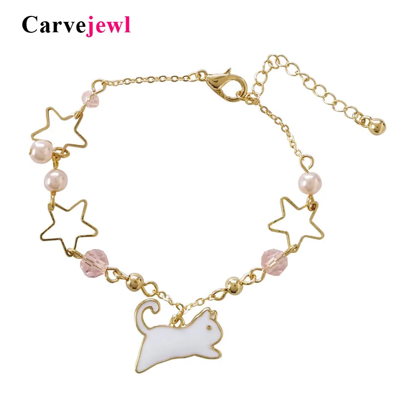 

Carvejewl hand made enamel running Cat Charms Bracelets bangle hollow out 5 pointed star faceted bead Bracelet cute girl jewelry