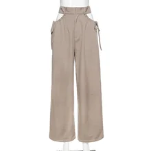 

New Fall All-Match Drawstring Sexy Hollow Out Solid Color Trouser 2021 Summer Women High Waist Loose Thin Casual Khaki Pants