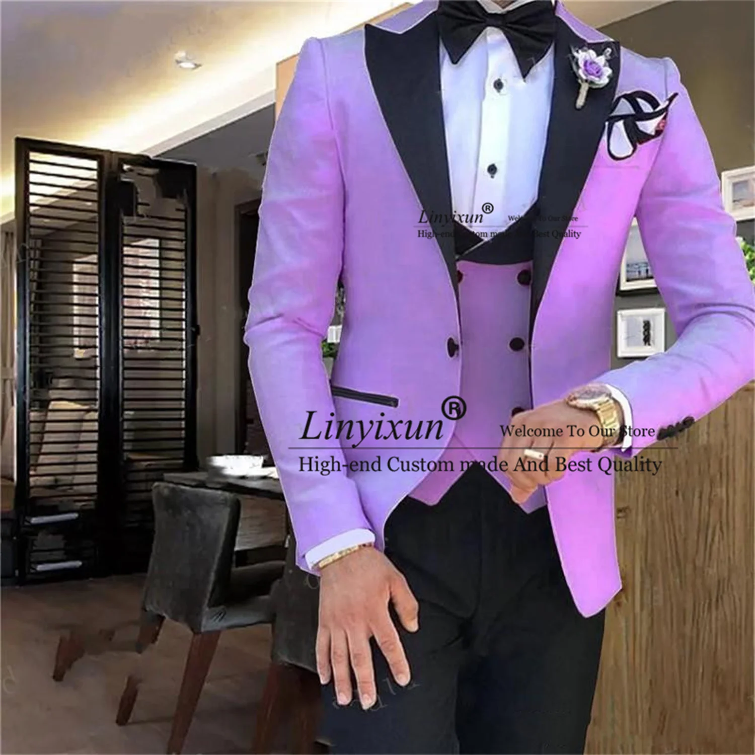 

Classic Lavender Groom Tuxedos With Black Peak Lapel Groomsman Wedding Suit For Men 3 Pieces Set Male Prom Blazer Costume Homme
