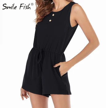 

Gray Black Solid 2020 Summer Playsuit Woman Elegant Jumpsuit Short Jumsuits Sleeveless O-Neck Casual Belt Tunic Overalls G1455