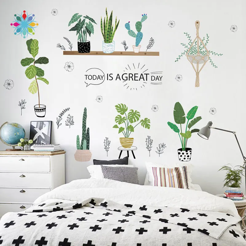 Наклейка на стену в горшечном растении освежающий натуральный стиль сделай сам