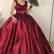 Модный Корсет пышные платья на бретельках бордовые атласные вечерние платья совок шеи аппликации из кружева с пайетками бальное платье