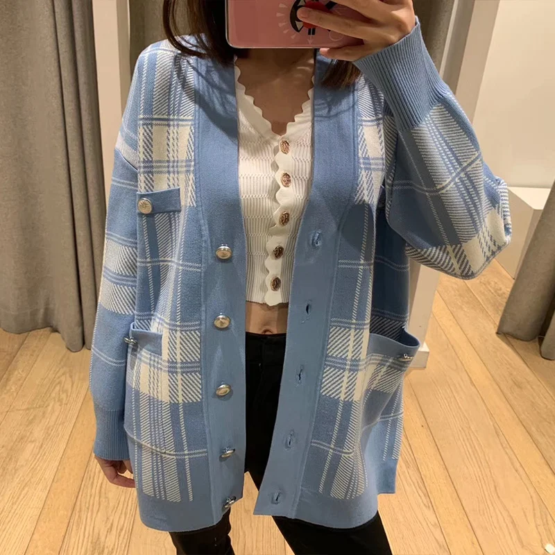 

2020 New Plaid Knitted Sweater Cardigan For Women Preppy Style Lady Single-breasted Knitwear Jacket Female Coat Top With Pockets