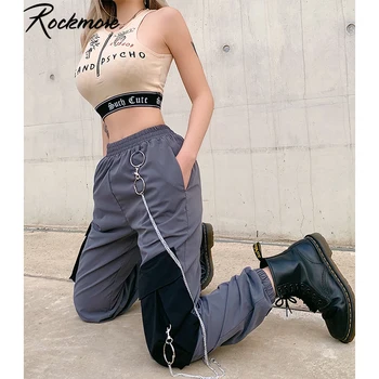

Rockmore Punk Style Cargo Pants With Chain Women Contrast Color Pockets Trousers Pluse Size Joggers Wide Leg Pants Streetwear
