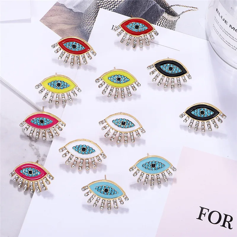 

Europe And America New Colorful Enamel Eye Clear Crystal Rhinestone Stud Earrings For Women Fashion Jewelry Femme Pendientes