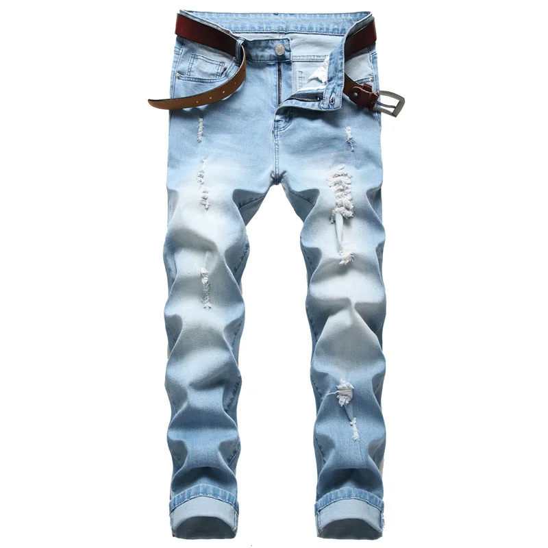

High Quality Spring Autumn Men's Jeans Business Fashion Straight Regular Blue Ripped Denim Trousers Classic Male Plus Size Pants