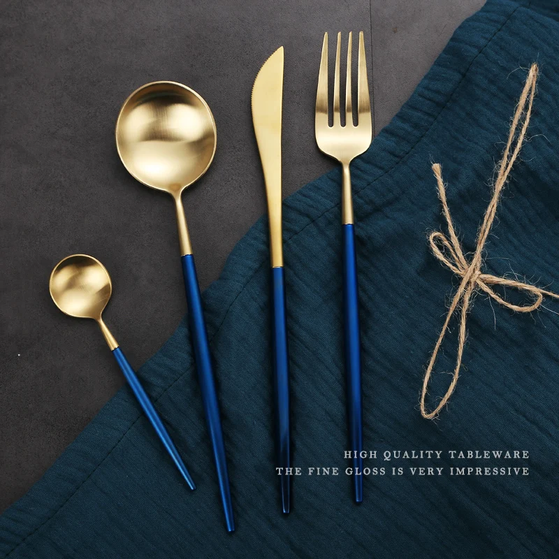 Стальной набор столовых приборов из голубого золота, мини десертные вилки, ложки, стейк, ножи, металлические палочки для еды, набор посуды из нержавеющей стали, Прямая поставка