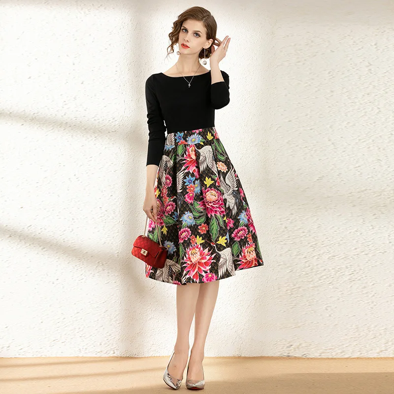 

Large Austrian WOMEN'S Dress New Style Jacquard Joint Slim Fit Slimming A- line Mid-length Long-sleeved Dress