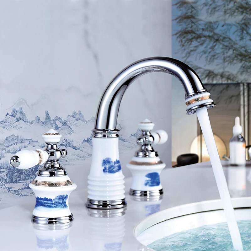

Basin Faucet Chrome Brass and Ceramic Deck 5 Holes Bathtub Mixer Faucet Handheld Shower Widespread Bathroom Faucet Set Water Tap