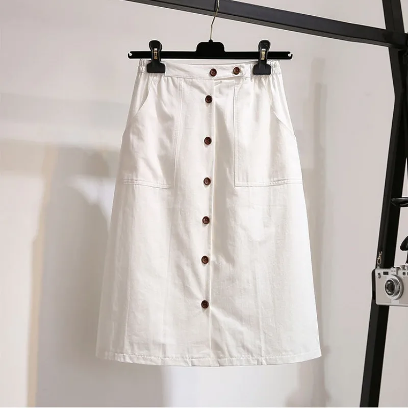 Новое модное хлопковое ТРАПЕЦИЕВИДНОЕ однобортное-однобортная юбка Для женщин летние юбки Повседневное Высокая Талия юбки