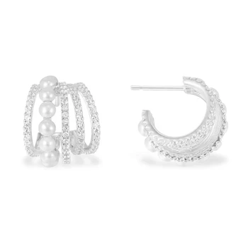 

925 Sterling Silver Delicate White Hoop Earrings With Pearls Full zircon crystal geometric Multi Layer Waved Circle earring