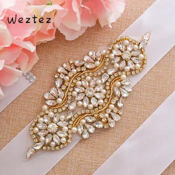 

Gold Crystal Bridal Dress Sash Rhinestones Wedding Belt Handmade Pearls Bridal Belt For Wedding Decoration Belt A208G