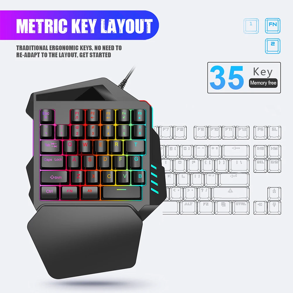 35 Keys Portable Accessories LED Backlight Non Slip ABS Wired Numeric Keypad Game Mini Left One Handed USB Keyboard