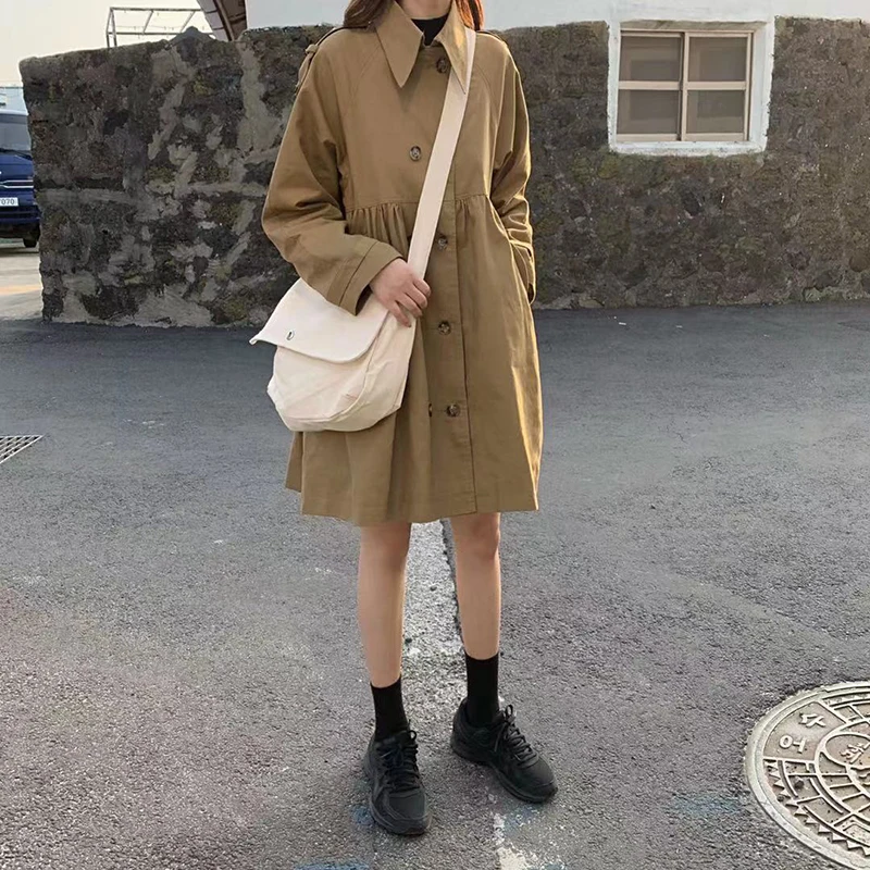 

EAD retro lapel loose jacket female 2019 autumn and winter new Korean version of the wild double-breasted long trench coat
