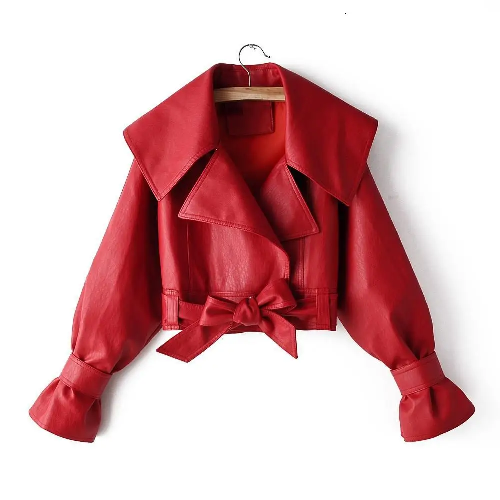 High Street Lapel Bow Frenulum Leather Jacket Women Clothing Autumn Females Locomotive Pu Leather Short Coats