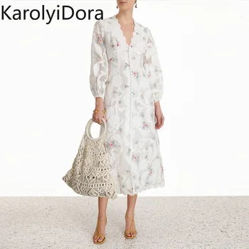 

Flower Embroidery Lace Trim Patchwork Long Dress 2020 New Fashion V-neck Hollow Sleeve High Waist Lace Dress Holiday Dress