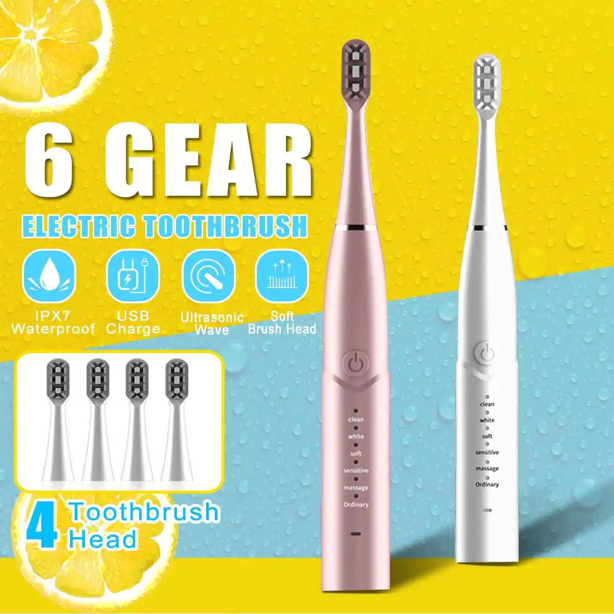 IPX7 Waterproof Sonics Electric Toothbrush Adult Timer Brush 6 Mode USB