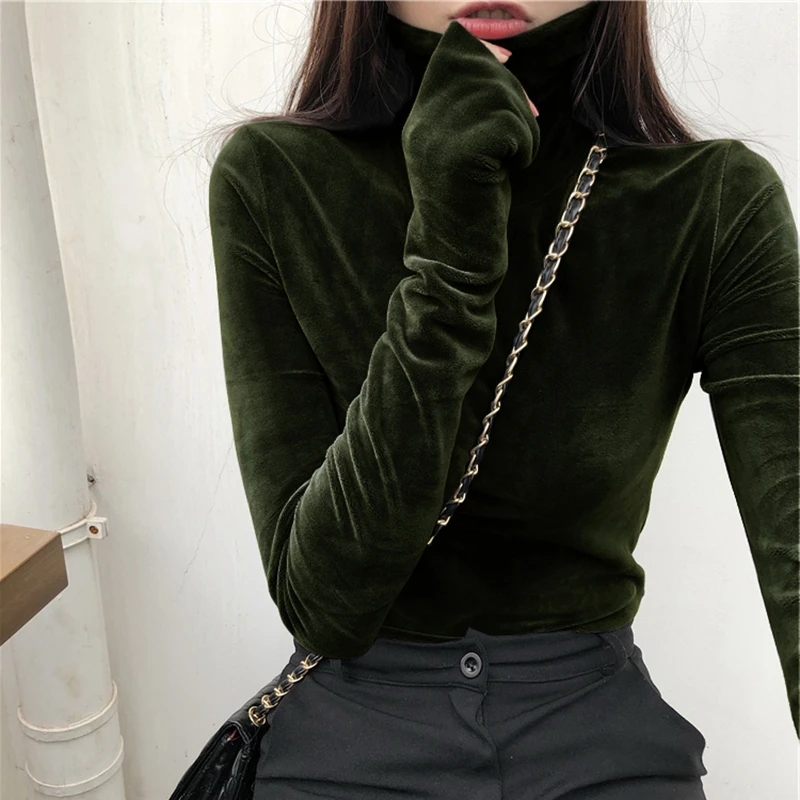 Women T-Shirt  Soft Fleece Velvet Turtleneck Shirt Solid Long Sleeve Autumn Fitness Vintage Girls Bottom Tops Women Clothing