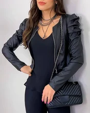 Chaqueta de cuero con cuello redondo para mujer, chaqueta informal con manga de burbuja negra, Color sólido, a la moda, otoño, 2021