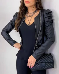 Jaqueta de couro feminina moda nova manga bolha preta em torno do pescoço jaquetas de couro casual jaqueta feminina 2021 outono cor sólida