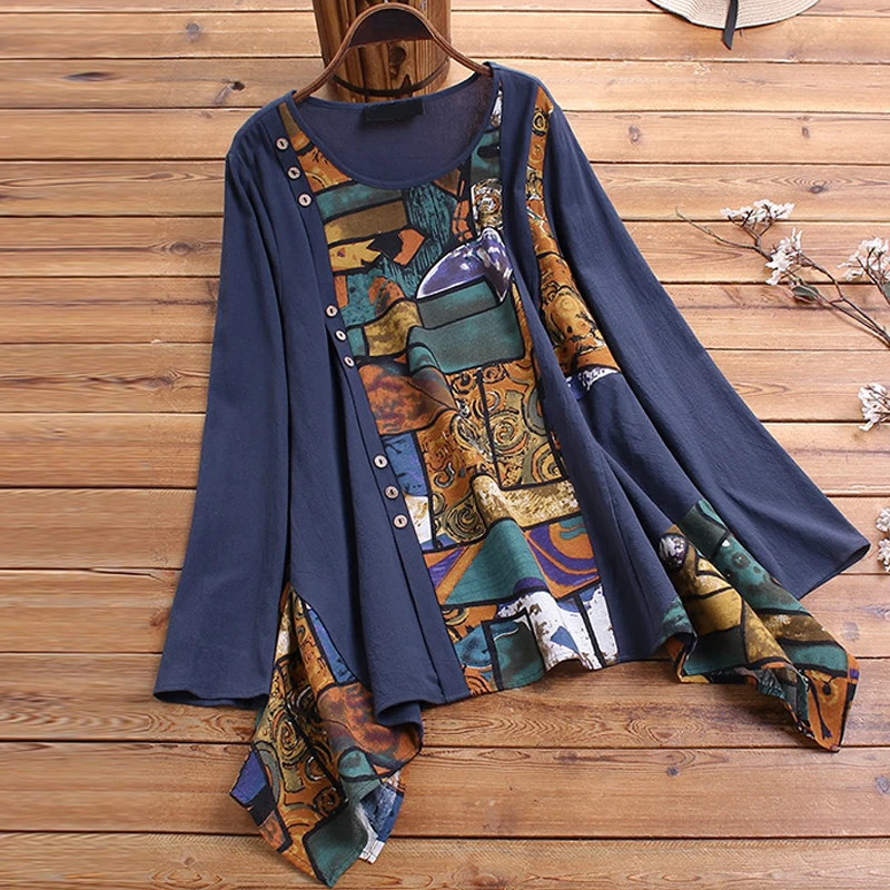 

5XL Plus Size Womens Tops And Blouses 2020 Spring Vintage O Neck Long Sleeve Tunic Shirts Button Patchwork Irregular Blusas