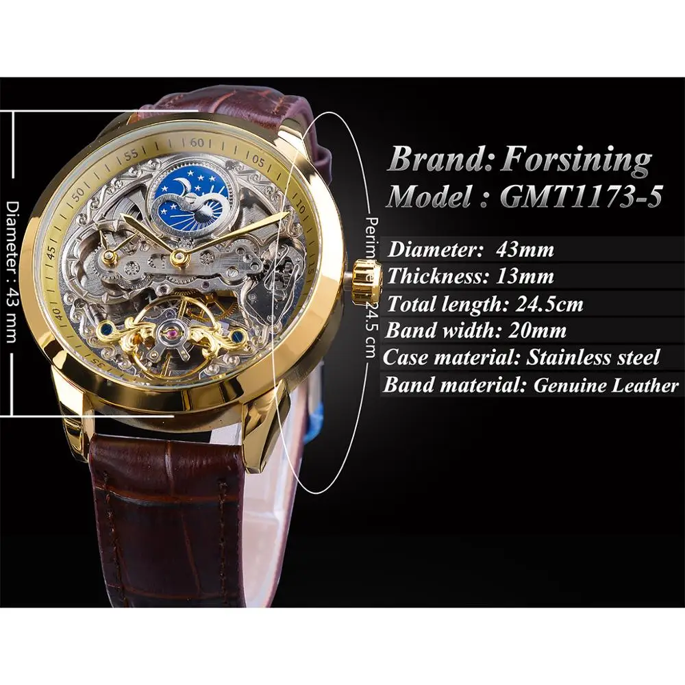 Forsining 2019 Fashion Mechanical Automaitc Male Watches Top Brand Luxury Golden Clock Leather Strap Moon Phase Horloges Mannen