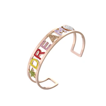 

Hot Hollow Colorful Crystal Bangle Rose Gold DREAM Letter Cuff Bracelet Stainless Steel Bangle For Women 2019 New Jewelry Gifts