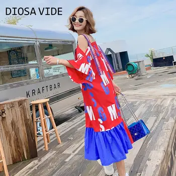 

Printed color matching loose word collar strapless T-shirt women mid-length ruffled top European station 2020 summer