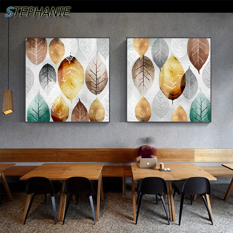 Абстрактная цветная Картина на холсте с листьями модное искусство стену Декор