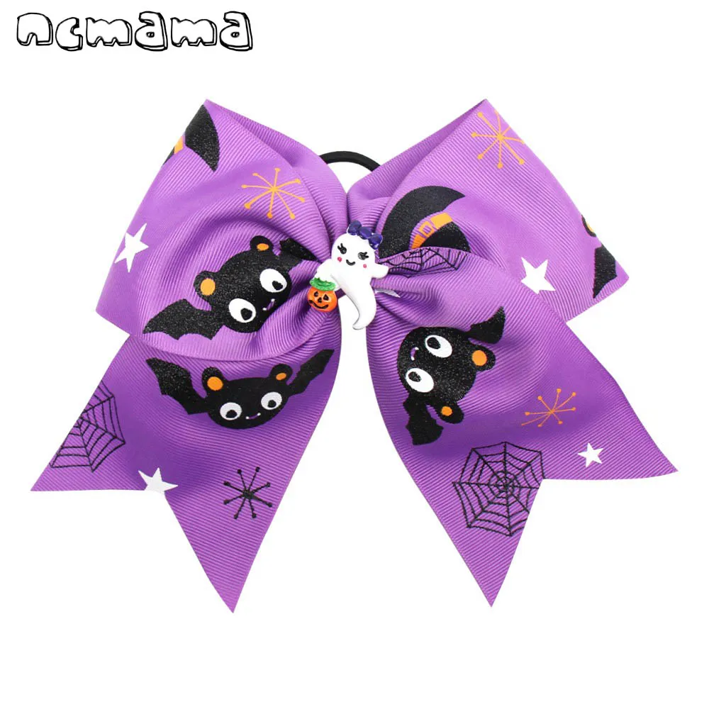 

Halloween 7'' Hair Bows for Girls Funny Bat Print Grosgrain Ribbon Cheer Bows with Hair Rubber Band Party Kids Headwear