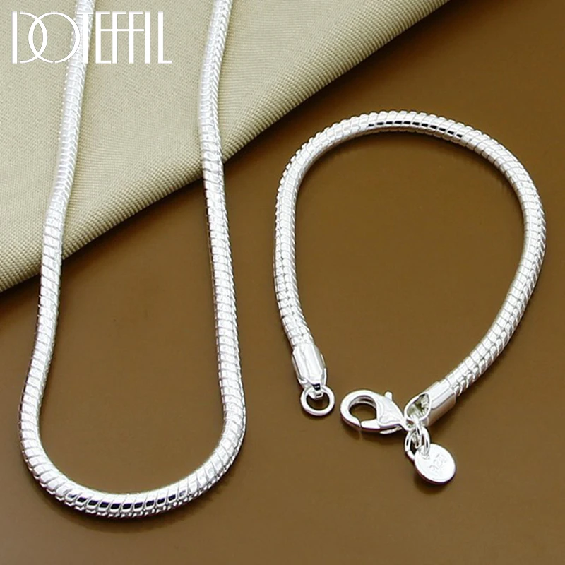 DOTEFFIL 925 Sterling Silver 16/18/20/22/24/26/30 Inch Snake Chain Bracelet Necklace Sets For Women Man Fashion Charm Jewelry