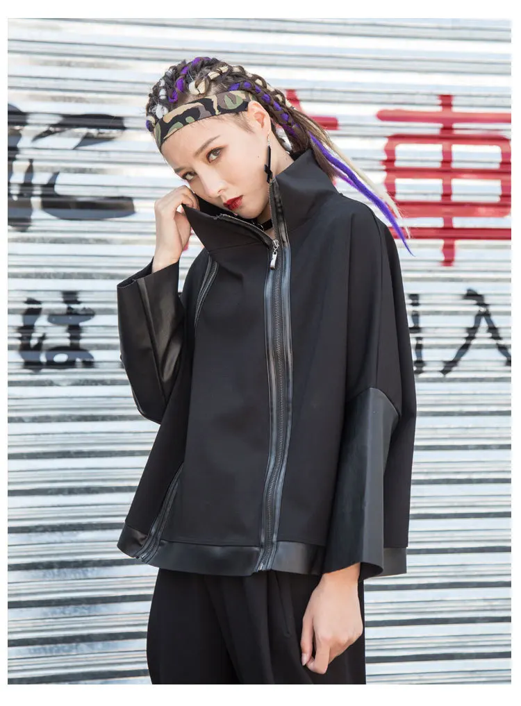 Women Женский рок-дизайн полуводолазка толстовки уличные ПУ комбинированные пуловеры негабаритный свободный осенний джемпер