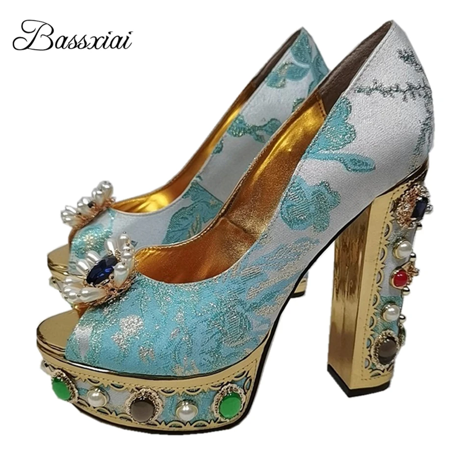 

Beaded Rivet Pearl Plarform Party Shoes Woman Chunky Heel Peep Toe Luxury Embroidery Satin Rhinestone Women Pumps