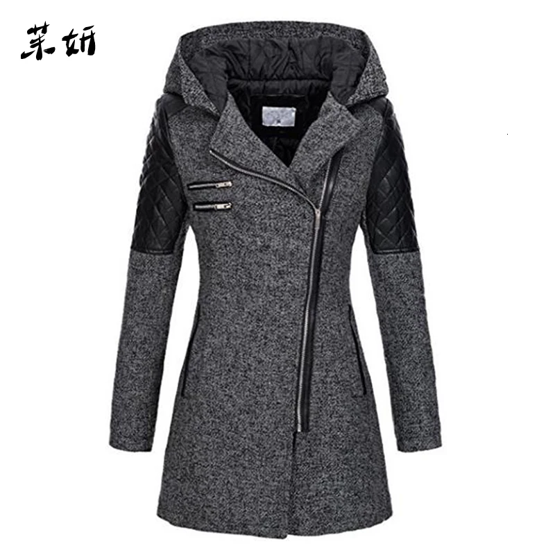

Women Winter Hooded Coat Autumn Zipper Slim Outerwear Spring Fashion Patchwork Black Female Warm Windproof Overcoats