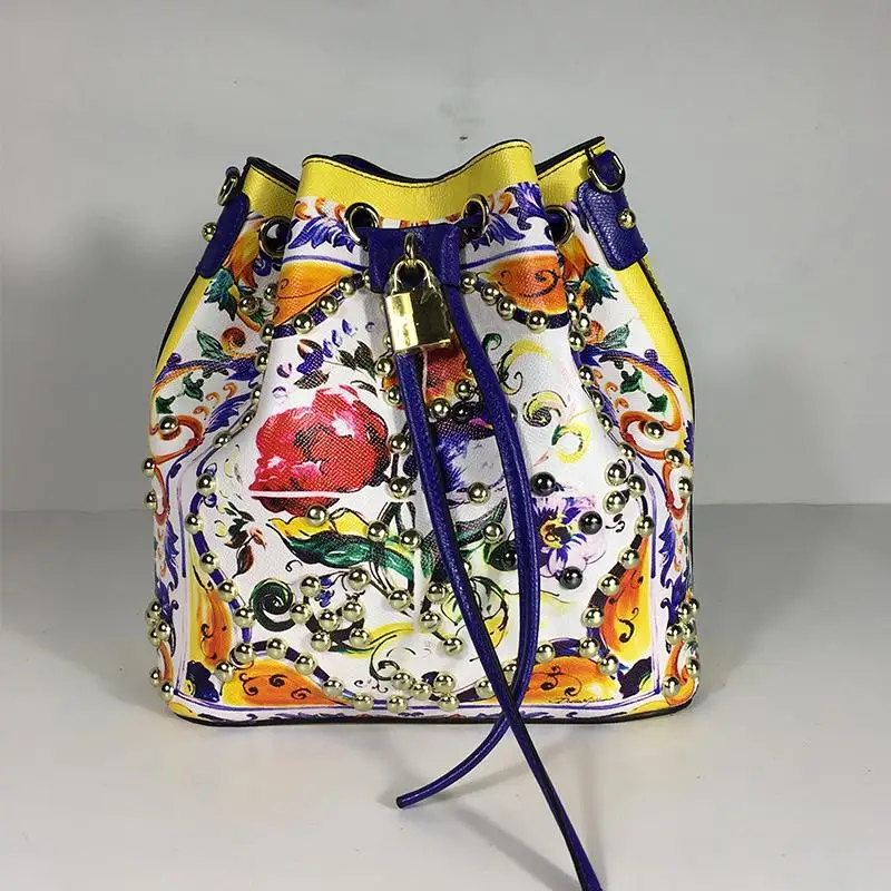 Роскошная брендовая сумка-ведро в этническом стиле из натуральной коровьей кожи, сумки на плечо для женщин, сумки с узором знаменитого дизайнера и цветов - Цвет: yellow