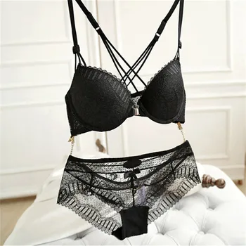 

New deep V Europe gathered sexy lace cross beauty back underwear set front buckle ladies bra set