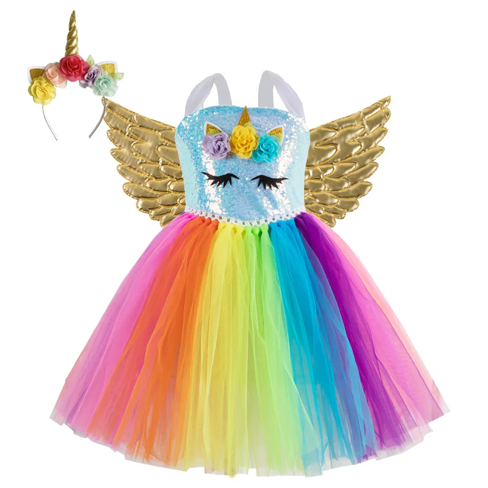 3PCS Sequined Unicorn Dress for Girls Princess Unicorns Birthday