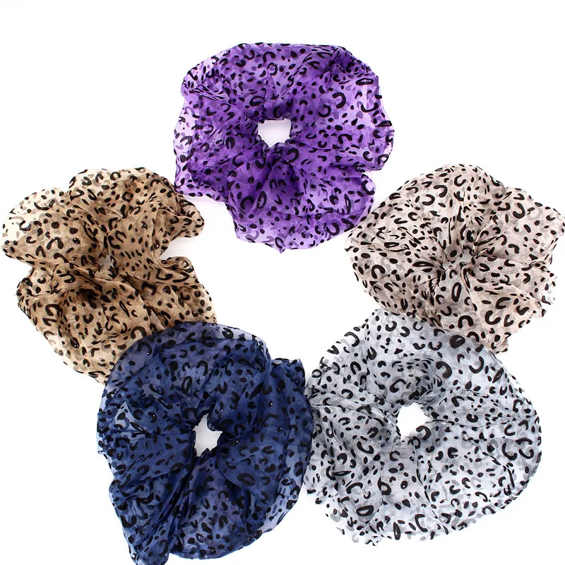 New Fashion Women 3D Leopard Print Oversized Organza Hair Scrunchies Big Gauze Rope Bands Vintage Ring Super Pony |