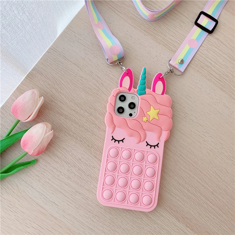 thumbnail image 1 of Pop Fidget Toys Bubble Case For iPhone 11 12 13 Pro X Xs Max XR 6 6s 7 8 Plus 5 5s SE Mini Cartoon Unicorn Soft Silicone Cover, 1 of 5