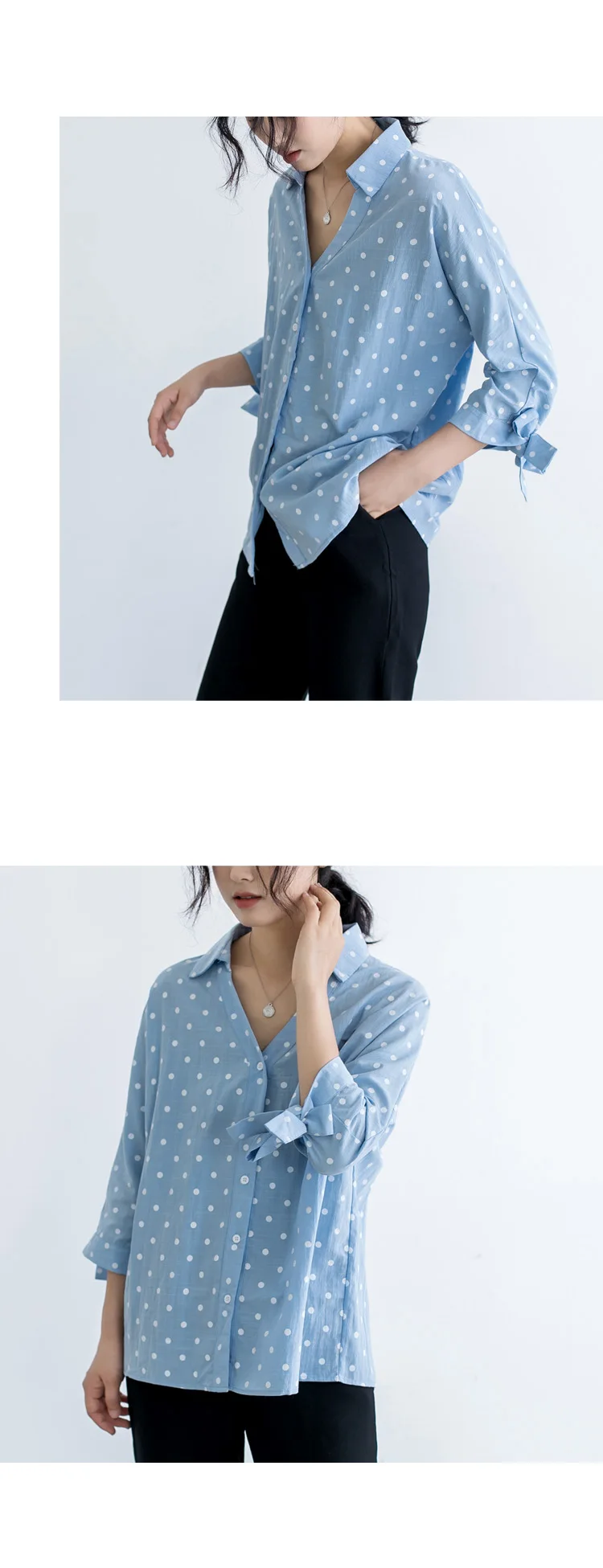 Blusas Mujer, новинка, кардиган в горошек с длинным рукавом, шифоновая, белая, синяя, женская рубашка, повседневная, свободная, с v-образным вырезом, женская блузка 5261 50