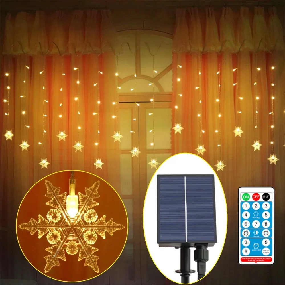 Solar Snowflake LED String Curtain Light Flashing Waterproof Holiday Party Wave Fairy Decoration 8 Modes