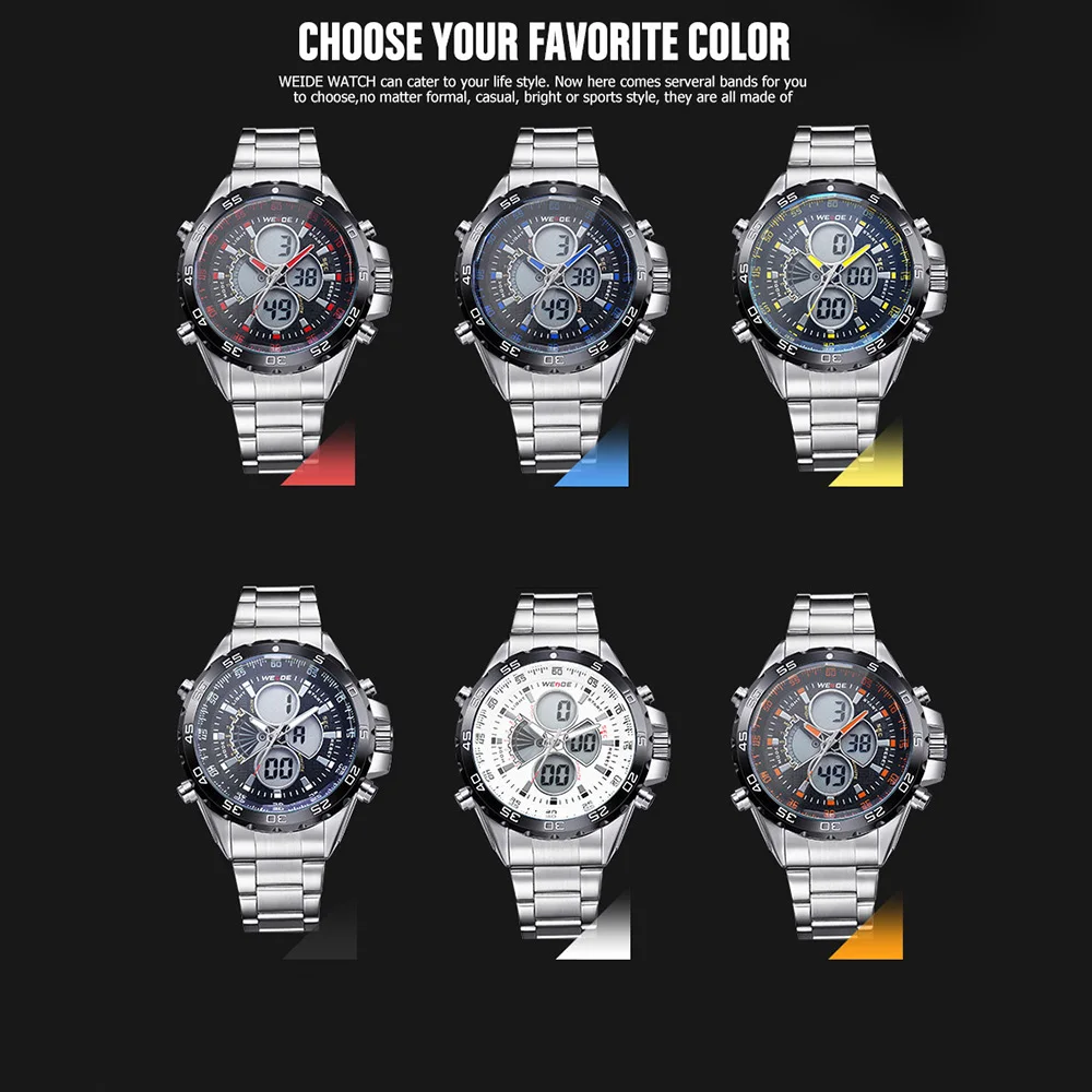 WEIDE WH1103 часы Два Движения Мужские t кварцевые двойной дисплей электронные мужские часы 3ATM водонепроницаемые ЖК-подсветка Авто Дата День будильник на неделю