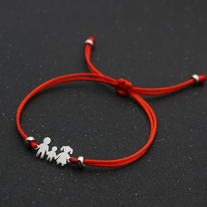 Cute Bear Lucky Red String Braided Adjustable Stainless Steel Charm Bracelet for Family Dad Mom Son Jewelry Child Gift