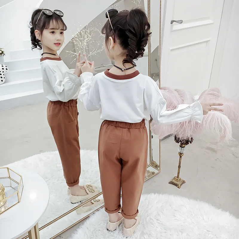 

2019 Autumn New Style Lettered Lace Sleeve Shirt Casual Pants Korean-style Set Little Girl Sweet Two-Piece Set