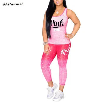 

2020 PINK Letter Print 2 Piece Set Tie Dye Outfits For Women Tracksuit Sleeveless Crop Top Leggings Pants Casual Matching Sets