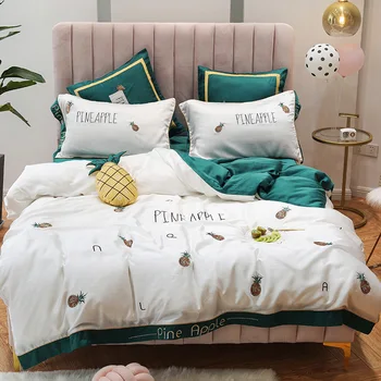 

Summer Cool Feeling Bare Sleeping Solid Color Two Sorts Embroidered Small Pineapple 60 Double-Sided Tencel Four-piece Set Hipste