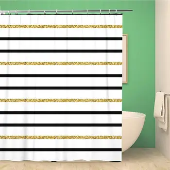 

Bathroom Shower Curtain Colorful Chic Striped Gold White and Black Modern Pattern Polyester Fabric Waterproof Bath Curtain Set